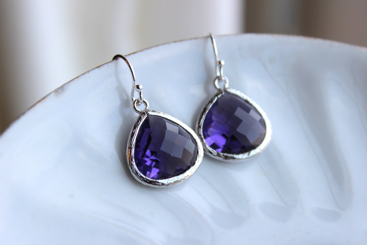 Large Tanzanite Earrings Silver Plated Purple Glass Pendant