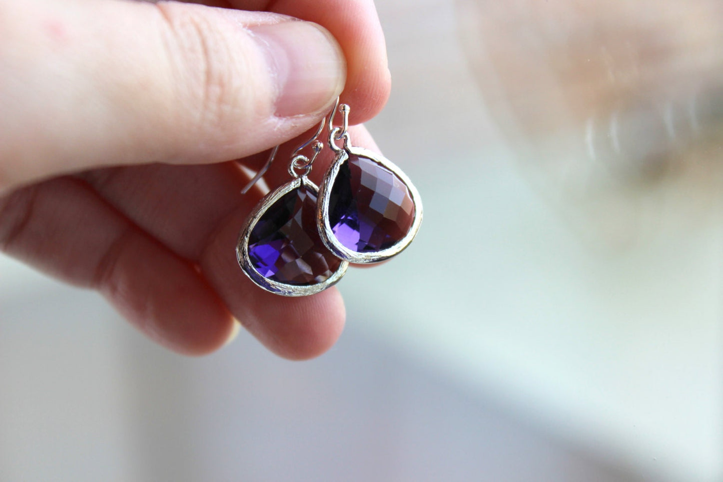 Large Tanzanite Earrings Silver Plated Purple Glass Pendant - Wedding Earrings - Bridal Earrings - Bridesmaid Earrings