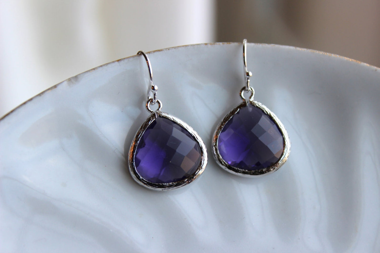 Large Tanzanite Earrings Silver Plated Purple Glass Pendant - Wedding Earrings - Bridal Earrings - Bridesmaid Earrings