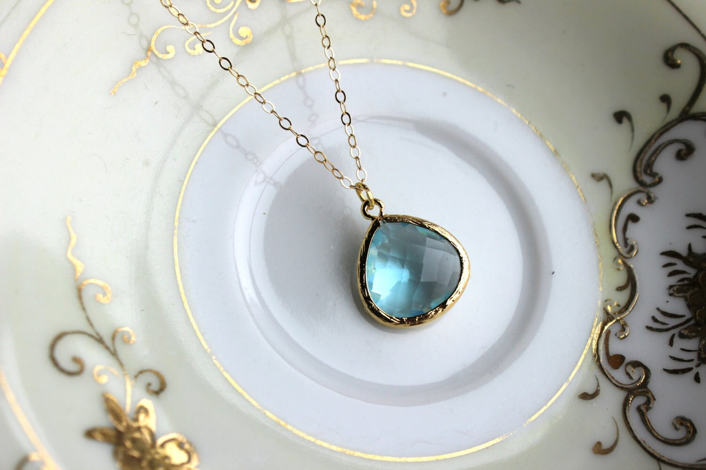Blue Aquamarine Necklace Gold Plated Large Aqua Pendant - Gold Filled Chain - Wedding Jewelry - Bridesmaid Jewelry - Something Blue