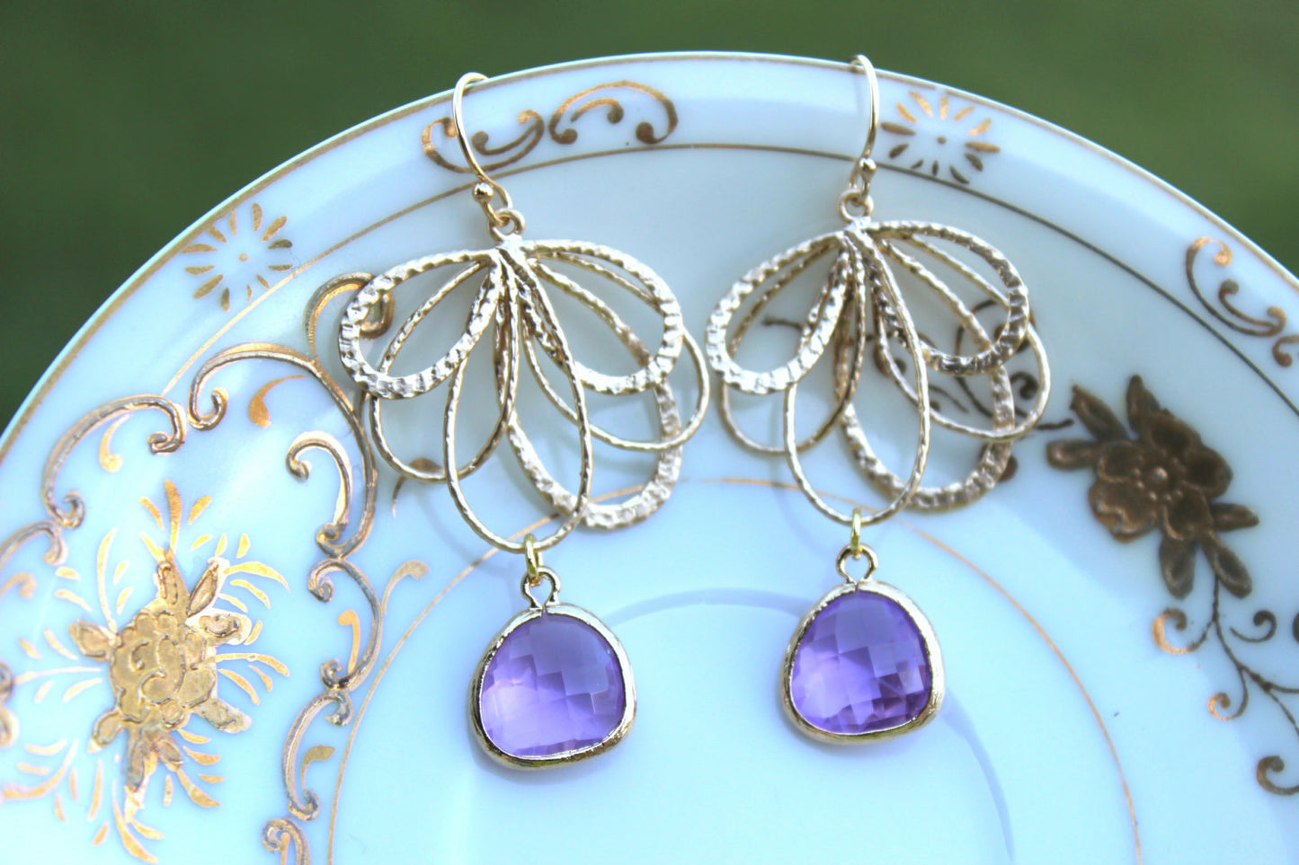 Lavender Earrings Gold Feather Purple Lilac Earrings - Purple Bridesmaid Earrings Lavender Bridal Earrings - Lavender Lilac Wedding Jewelry