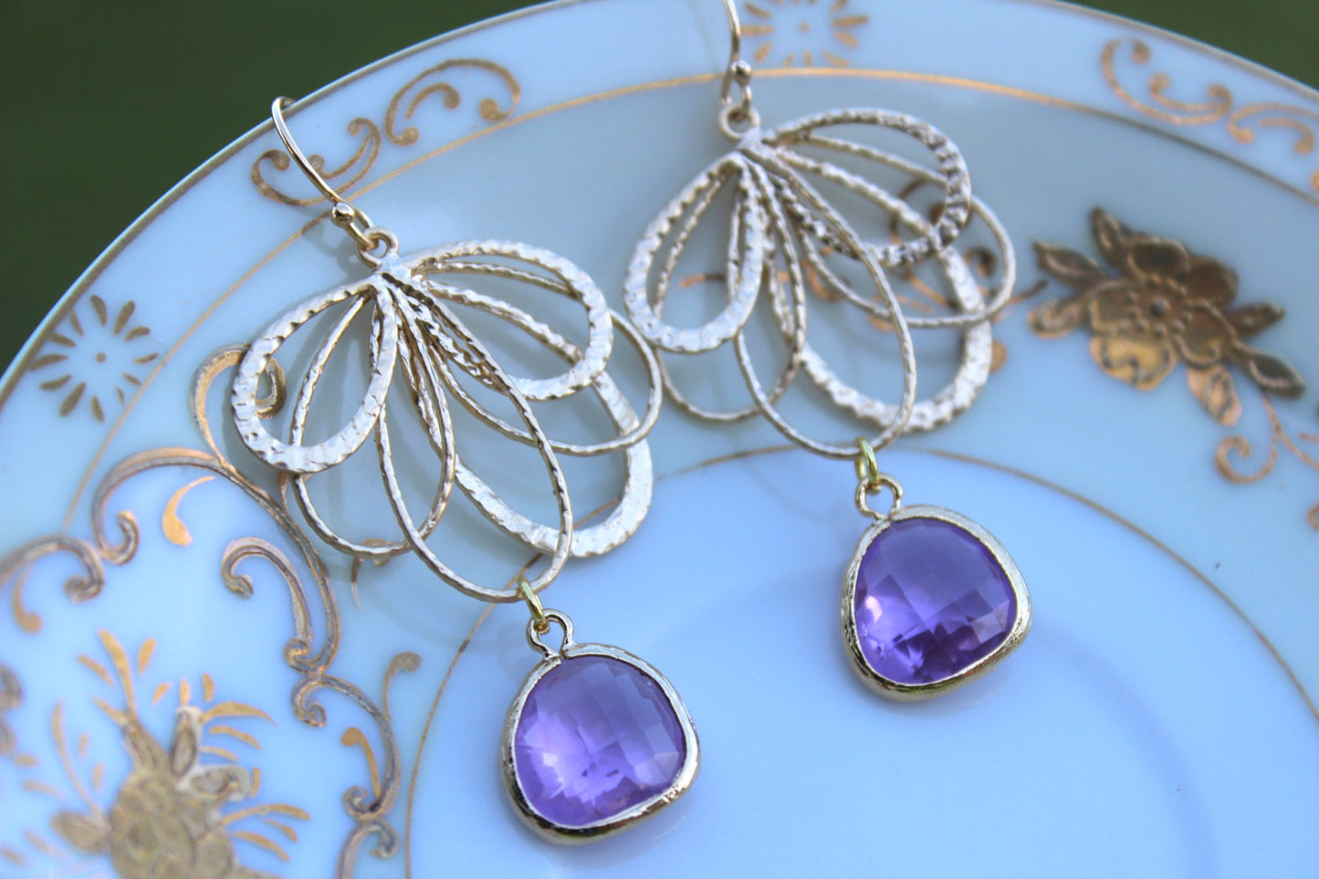 Lavender Earrings Gold Feather Purple Lilac Earrings - Purple Bridesmaid Earrings Lavender Bridal Earrings - Lavender Lilac Wedding Jewelry