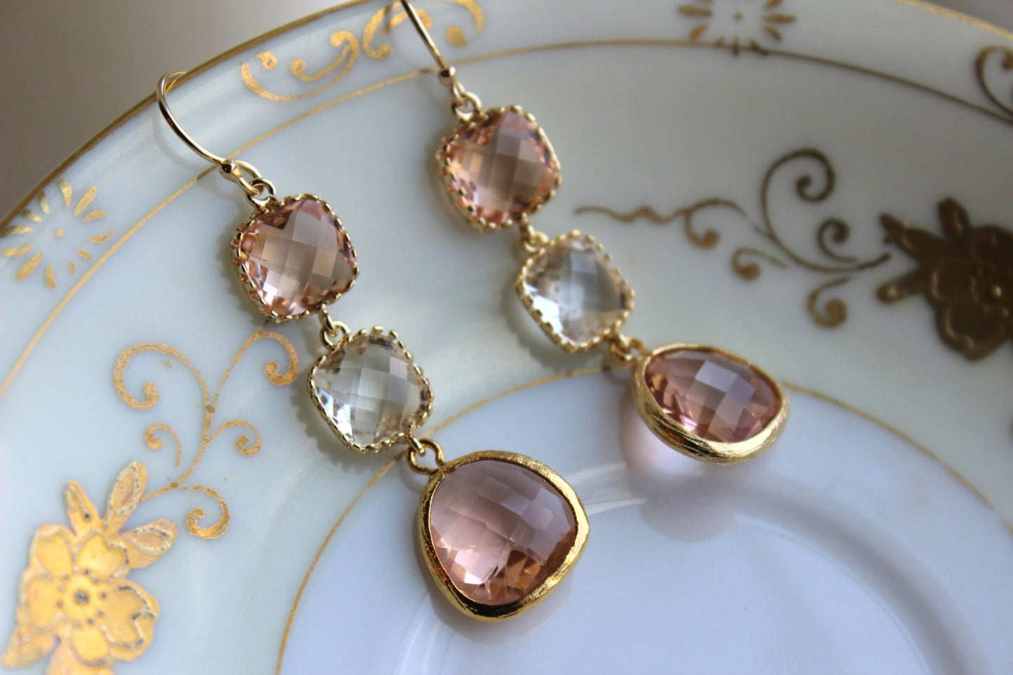 Blush Champagne Crystal Earrings Gold Three Tiered Jewelry - Pink Bridesmaid Earrings - Peach Wedding Earrings Crystal Pink Wedding Jewelry