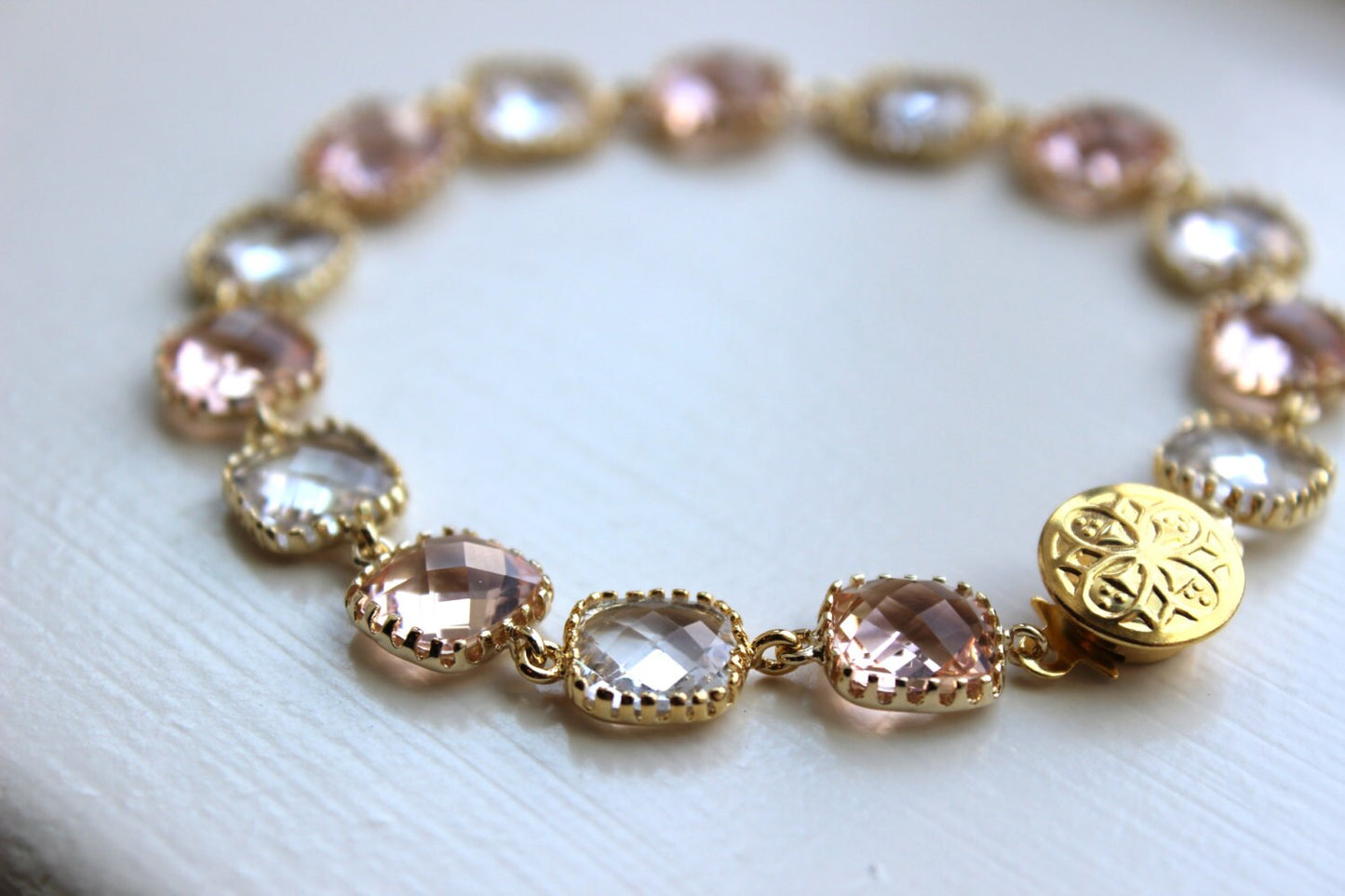 Blush Champagne Crystal Bracelet Gold Plated - Pink Clear Bridesmaid Bracelet - Peach Bridal Bracelet - Champagne Crystal Wedding Jewelry