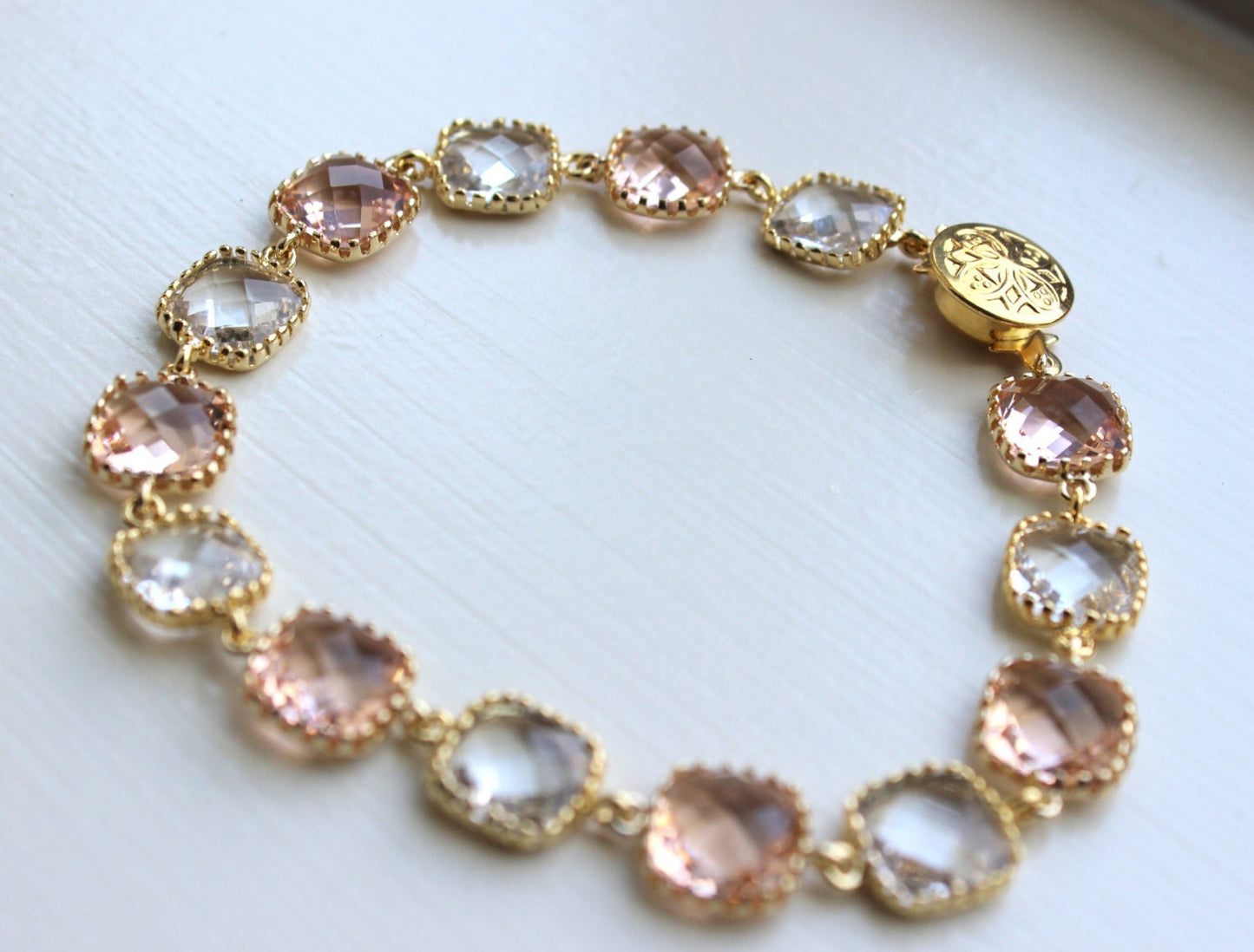 Blush Champagne Crystal Bracelet Gold Plated - Pink Clear Bridesmaid Bracelet - Peach Bridal Bracelet - Champagne Crystal Wedding Jewelry