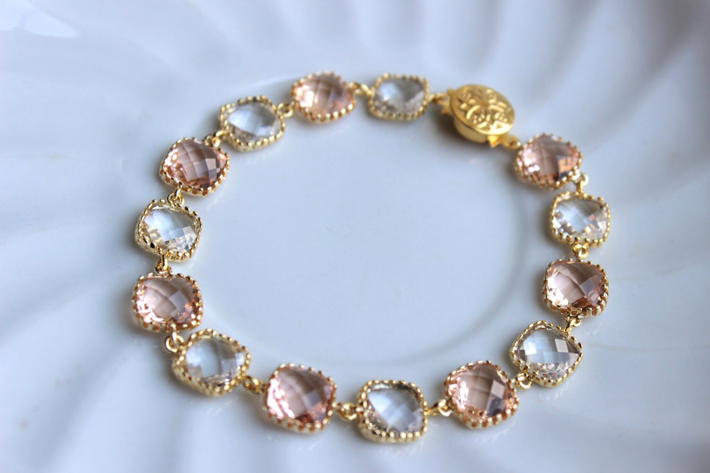 Blush Champagne Crystal Bracelet Gold Plated - Pink Clear Bridesmaid Bracelet - Peach Bridal Bracelet - Champagne Crystal Wedding Jewelry