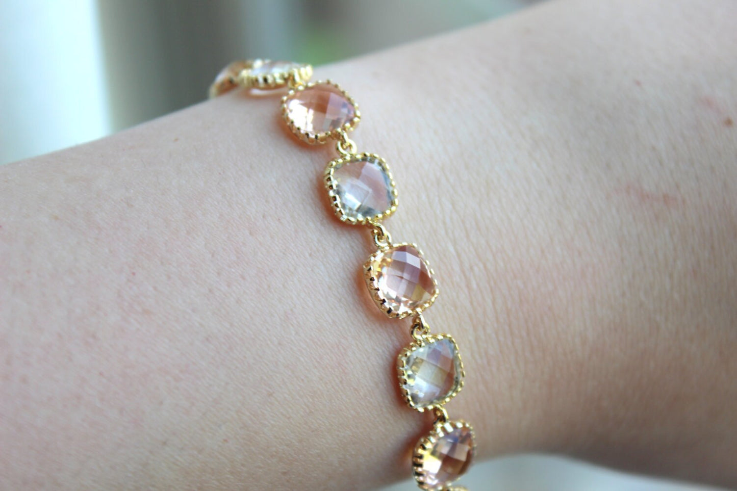 Blush Champagne Crystal Bracelet Gold Plated - Pink Clear Bridesmaid Bracelet - Peach Bridal Bracelet - Champagne Crystal Wedding Jewelry