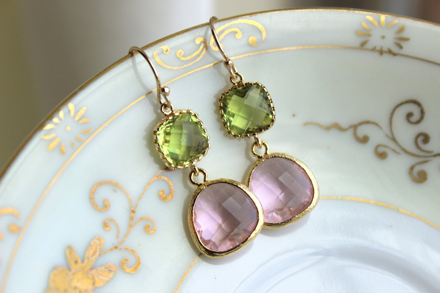 Peridot Earrings Pink Apple Green Jewelry Gold Light Pink - Bridesmaid Earrings Peridot Green Wedding Earrings Blush Pink Bridesmaid Jewelry