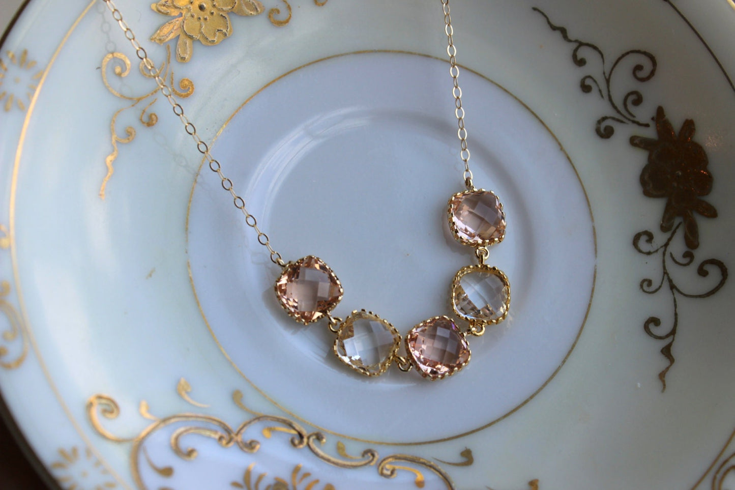 Crystal Clear Champagne Blush Necklace Gold Peach Necklace - Bridesmaid Gift Bridal Necklace Pink Crystal Wedding Jewelry Bridesmaid Jewelry