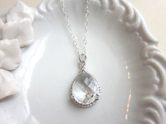 Crystal Necklace Silver Clear Teardrop - Sterling Silver Chain - Bridesmaid Necklace - Bridesmaid Jewelry - Bridal Wedding