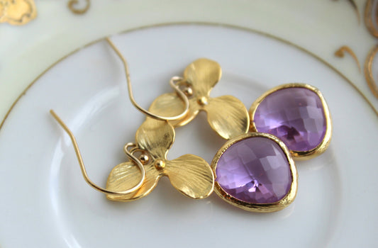 Gold Lavender Earrings Orchid Flower - Lilac Purple Earrings  - Lavender Bridesmaid Earrings - Bridesmaid Gift - Purple Wedding Jewelry