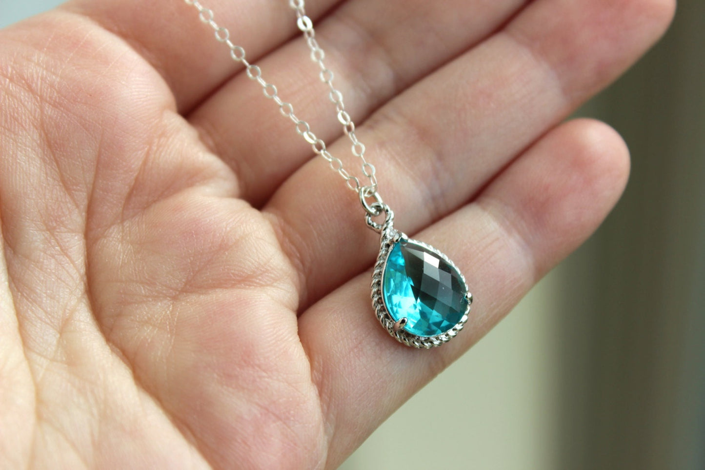 Sea Green Necklace Silver Teardrop Teal Jewelry - Sterling Silver Chain - Teal Bridesmaid Necklace - Teal Bridesmaid Jewelry Wedding Jewelry