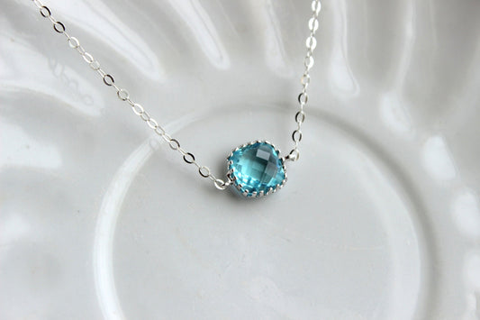 Dainty Aquamarine Blue Necklace Sterling Silver Chain - Charm Necklace Aqua Bridesmaid Necklace - Aquamarine Wedding Jewelry - Gift under 25