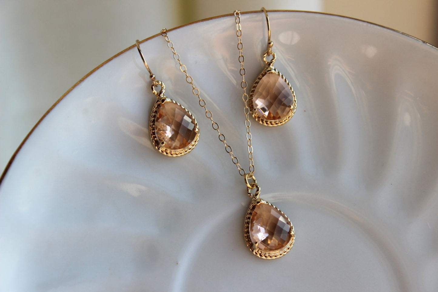 Gold Blush Jewelry Set Blush Bridesmaid Earrings Wedding Jewelry, Champagne Wedding, Bridesmaid Gift for Her, Pink Necklace, Bridesmaid Card