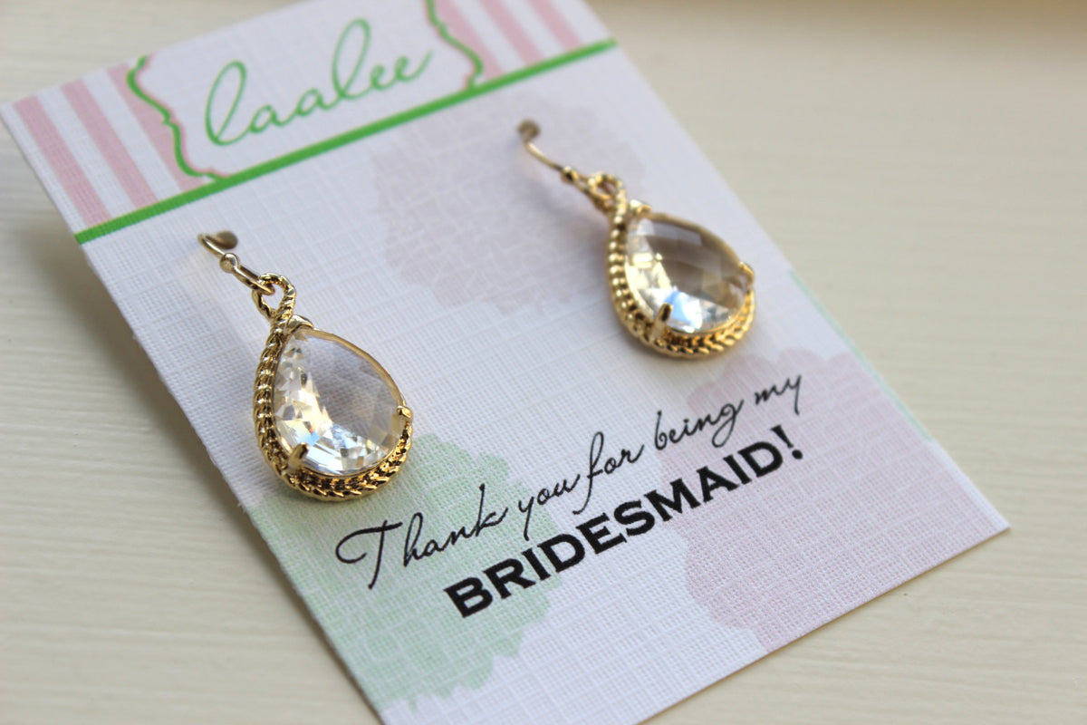 Crystal Earrings Gold - Crystal Wedding Jewelry Crystal Clear Bridesmaid Earrings Bridesmaid Gift Bridal Jewelry Personalized Thank You Note