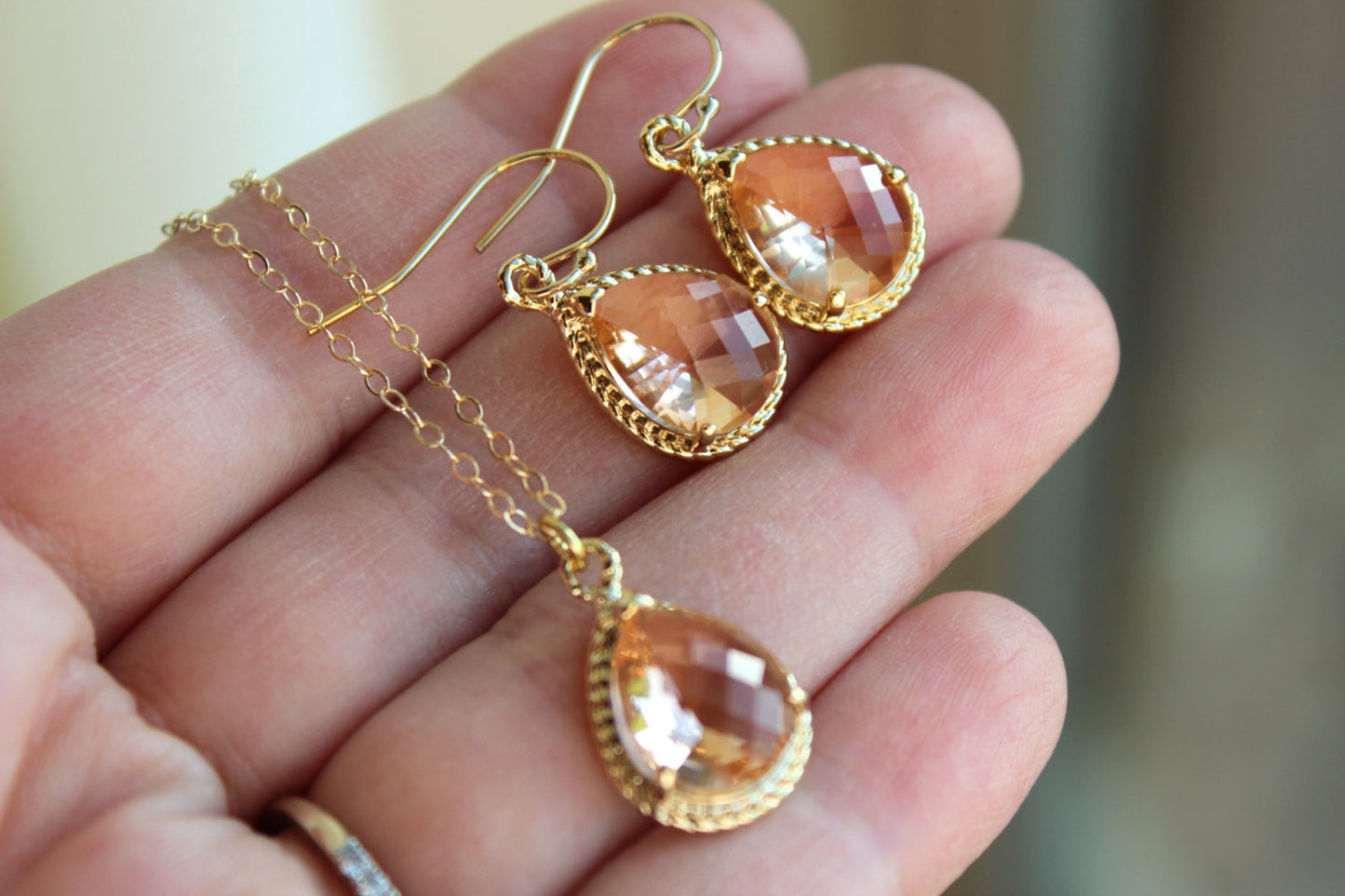 Blush Earring Necklace Set Gold - Champagne Peach Wedding Jewelry - Pink Bridesmaid Jewelry Gift Blush Bridal Jewelry Personalized Note Card