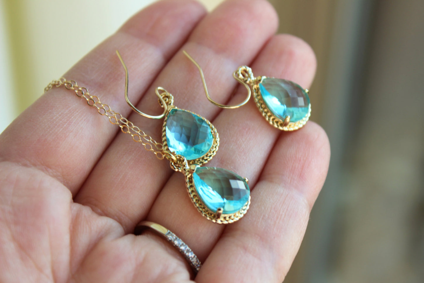 Aquamarine Earring Necklace Set Gold - Aquamarine Wedding Jewelry Set Topaz Blue Bridesmaid Jewelry Bridal Gift Personalized Note Card