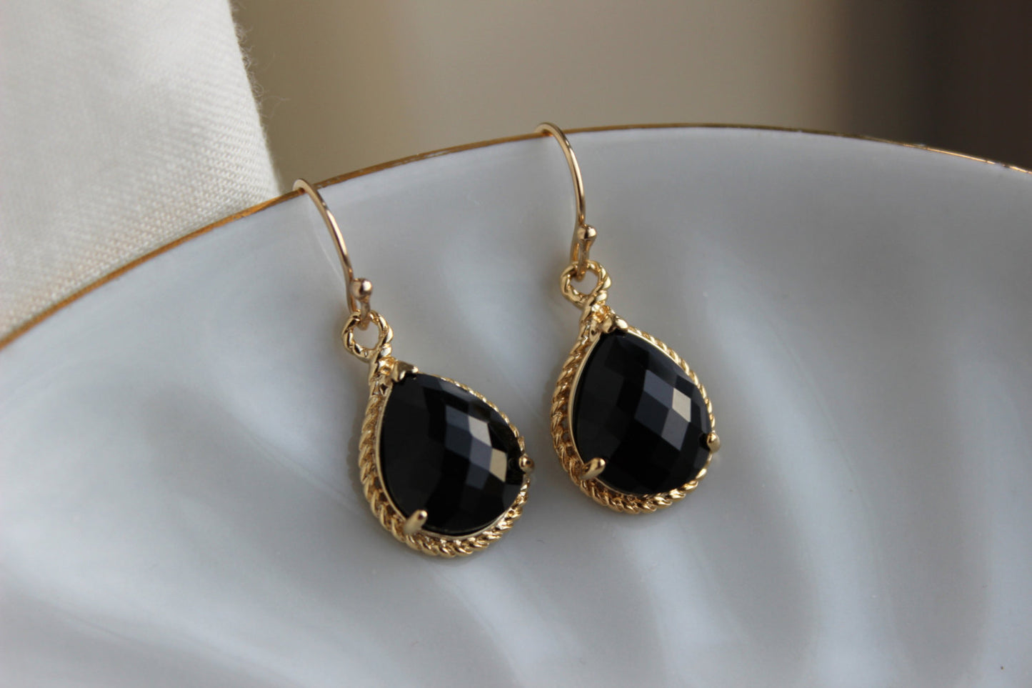 Black Earrings Gold Wedding Jewelry - Jet Black Bridesmaid Earrings Bridesmaid Gift Black Bridal Jewelry Set Personalized Thank You Note