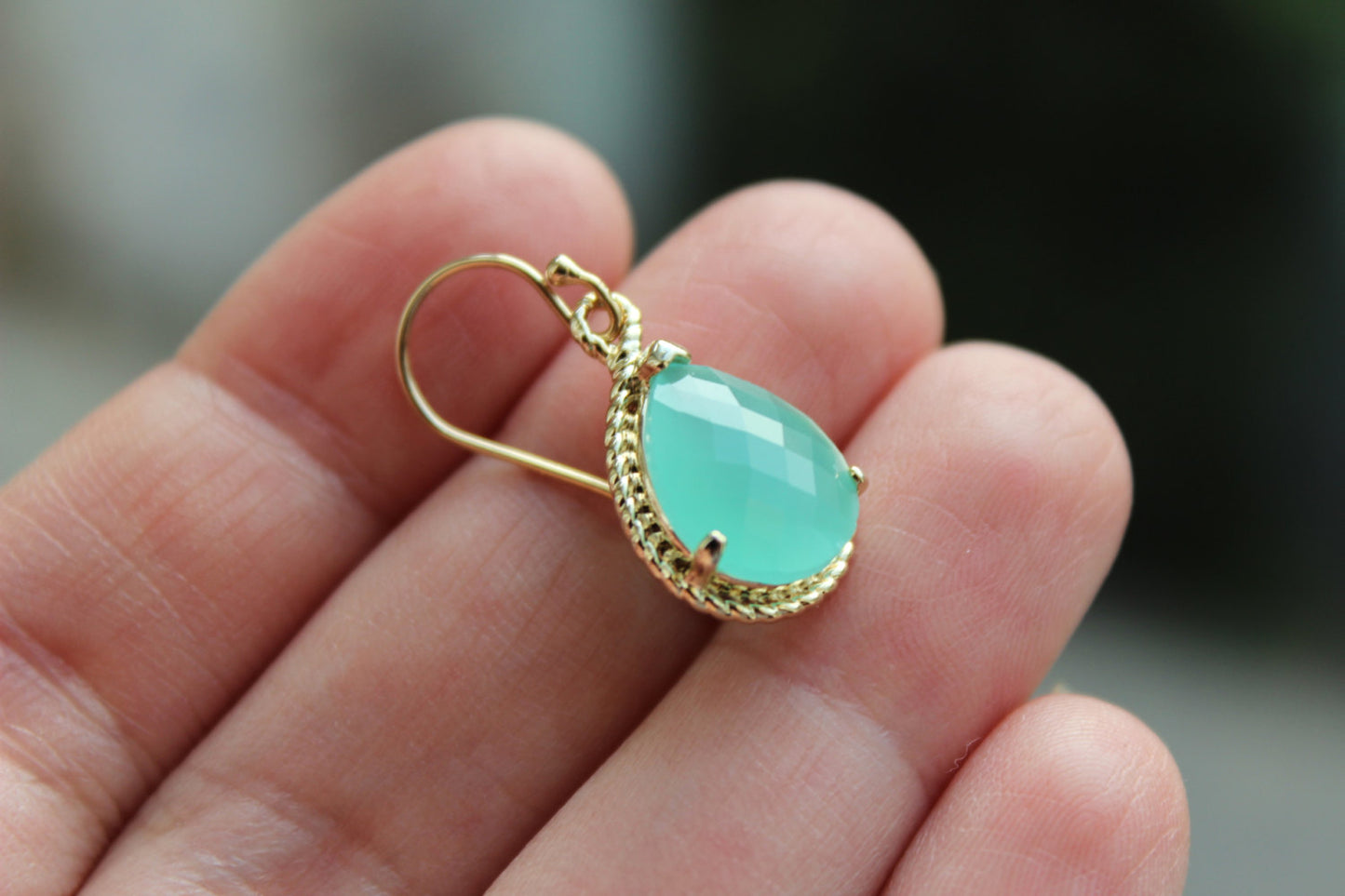 Mint Earrings Gold Wedding Jewelry - Aqua Blue Mint Bridesmaid Earrings Bridesmaid Gift Mint Green Bridal Jewelry Personalized Note