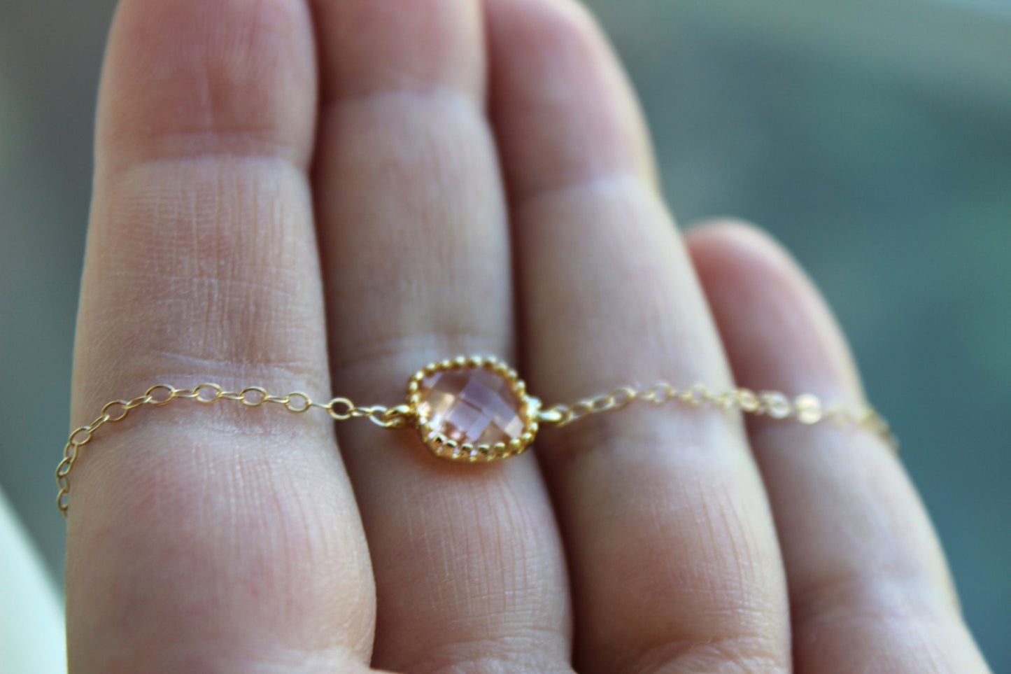 Dainty Blush Champagne Necklace 14k Gold Filled Chain - Charm Necklace Peach Pink Bridesmaid Necklace - Blush Wedding Jewelry Gift under 25