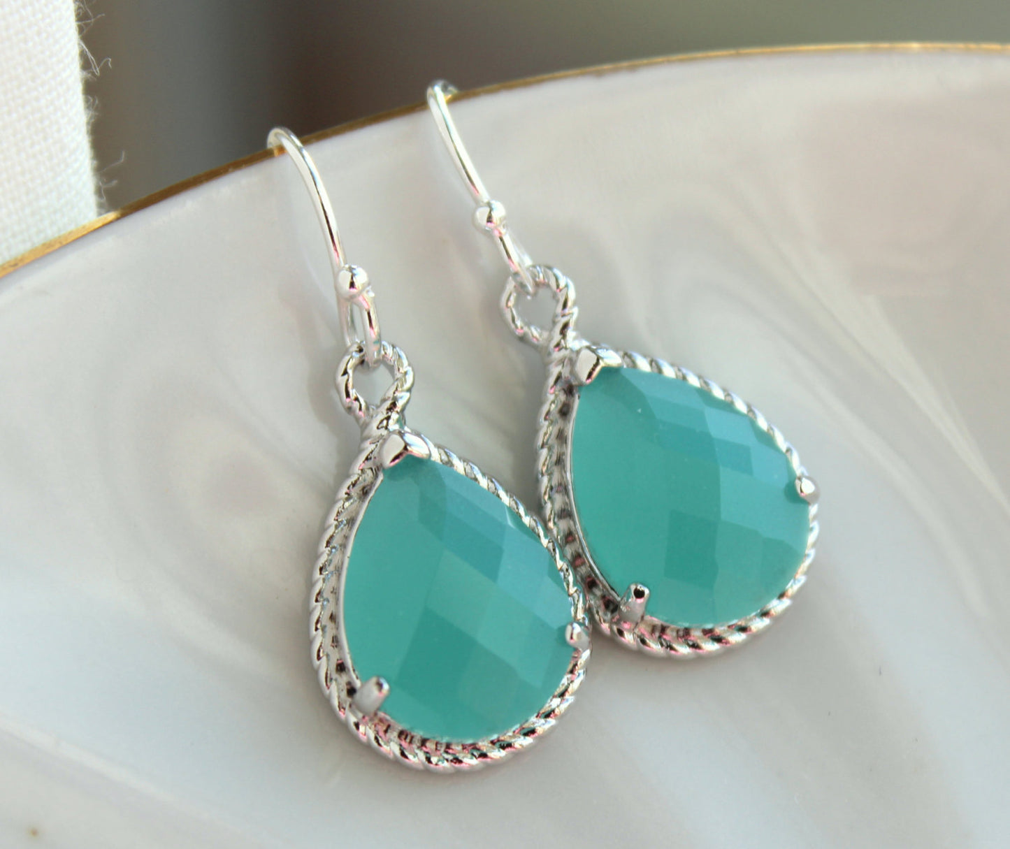 Silver Blue Mint Earrings Wedding Jewelry - Aqua Blue Mint Bridesmaid Earrings Gift Personalized Under 25 Mint Green Bridal Jewelry