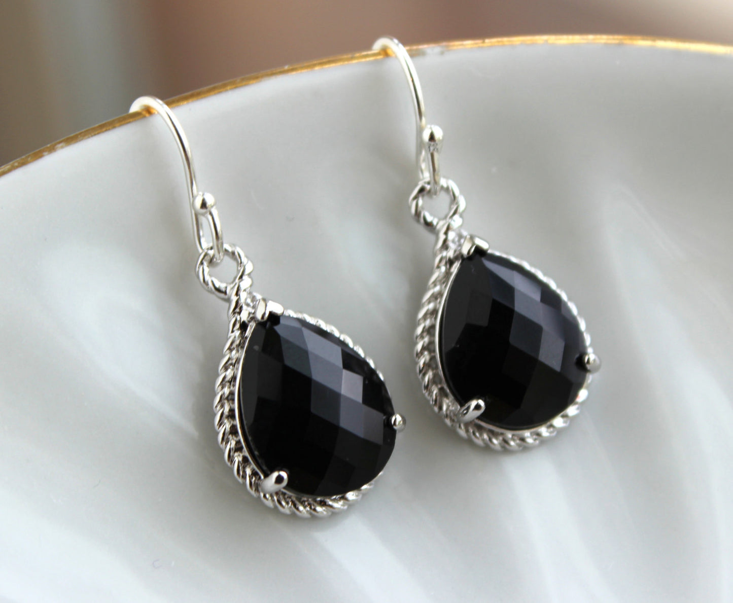 Silver Black Earrings Wedding Jewelry - Jet Black Bridesmaid Earrings Bridesmaid Gift Black Bridal Jewelry Set Personalized Thank You Note