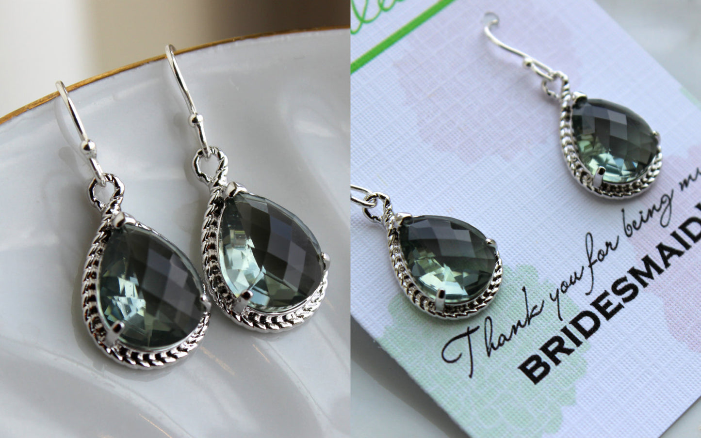 Silver Charcoal Gray Earrings Wedding Jewelry - Grey Bridesmaid Earrings Bridesmaid Gift Charcoal Bridal Jewelry Personalized Thank You Note