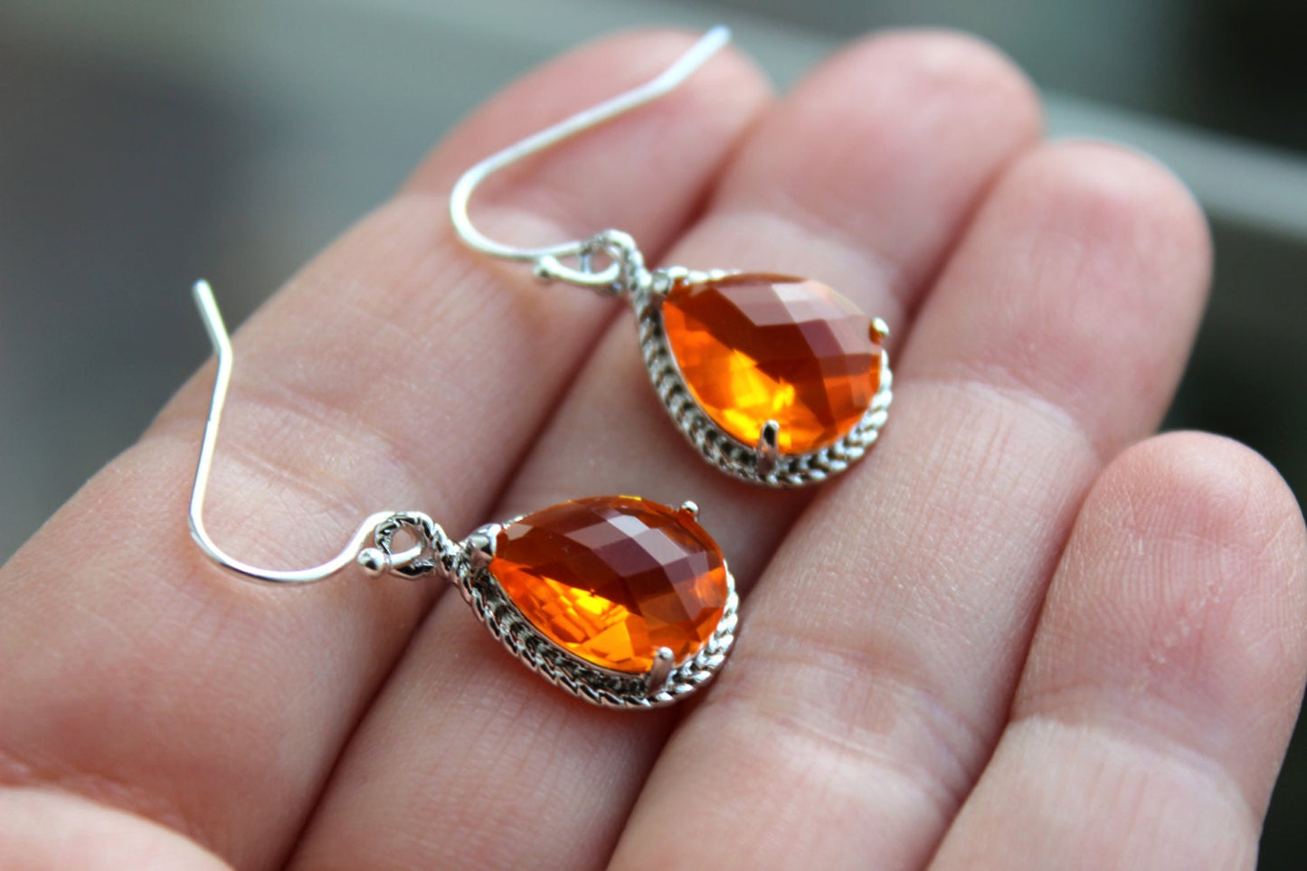 Silver Burnt Orange Earrings Amber Jewelry - Tangerine Bridesmaid Earrings Wedding Earrings Amber Bridesmaid Jewelry Orange Wedding Jewelry