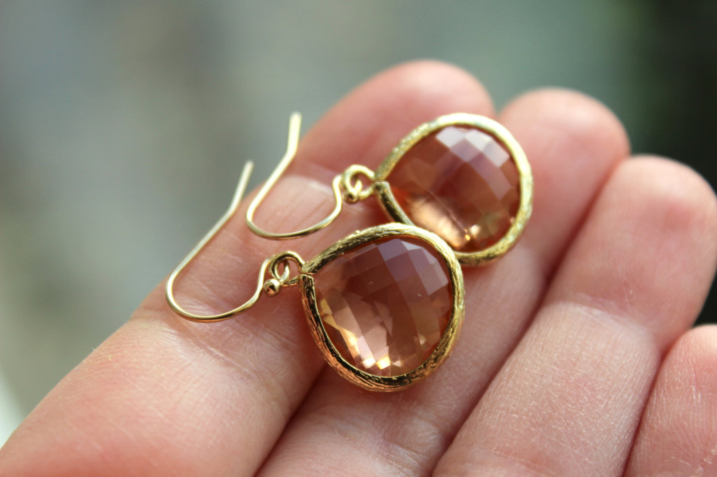 Gold Large Blush Earrings Champagne Peach Pink Wedding Jewelry Blush Bridesmaid Earrings Gift Peach Pink Bridal Personalized Gift Under 25