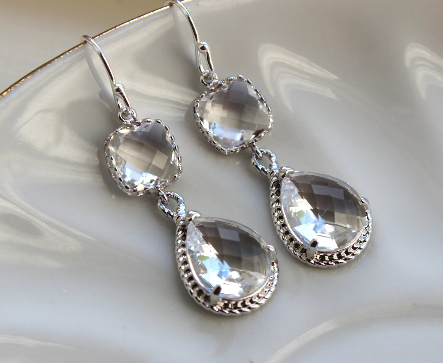 Silver Crystal Earrings Two Tiered - Clear Crystal Wedding Jewelry - Silver Crystal Bridesmaid Earrings Gift Bridal Jewelry - Gift Under 35