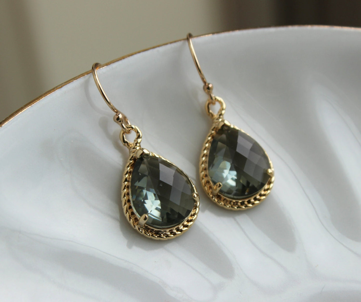 Charcoal Gray Earrings Gold Teardrop Earrings - Grey Gray Bridesmaid Earrings Slate Wedding Jewelry Earrings Bridal Earrings