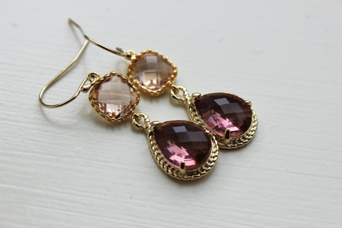 Blush Champagne Eggplant Earrings Gold Purple Earrings Two Tier Bridesmaid Earrings Wedding Earrings Wedding Jewelry Plum Bridesmaid Jewelry