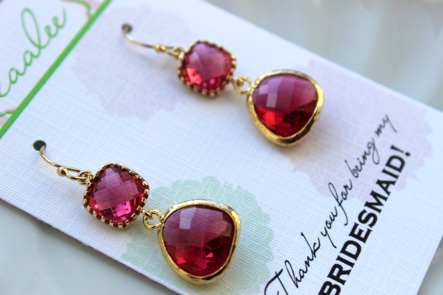 Gold Fuchsia Earrings Pink Two Tiered Jewelry - Hot Pink Wedding Jewelry - Fuchsia Bridesmaid Earrings Gift Bridal Jewelry - Gift Under 35