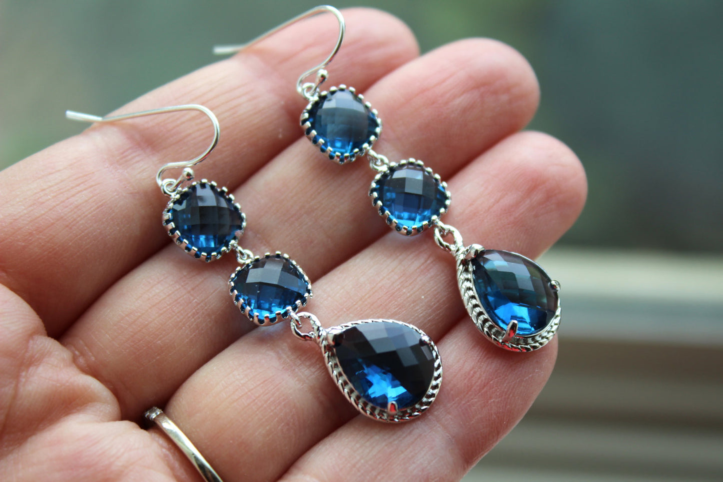 Silver Sapphire Earrings Three Tiered - Navy Blue Wedding Jewelry - Silver Sapphire Bridesmaid Earrings Gift Bridal Jewelry - Something Blue