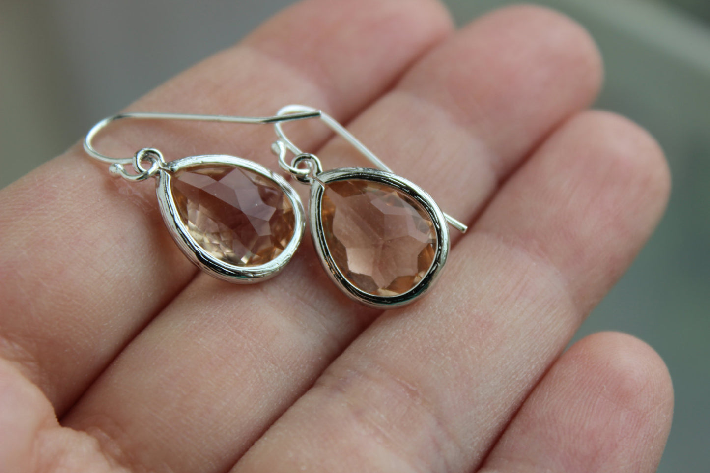 Silver Blush Earrings Champagne Peach Pink Teardrop Wedding Jewelry Blush Bridesmaid Earrings Bridal Jewelry Personalized Gift Under 25