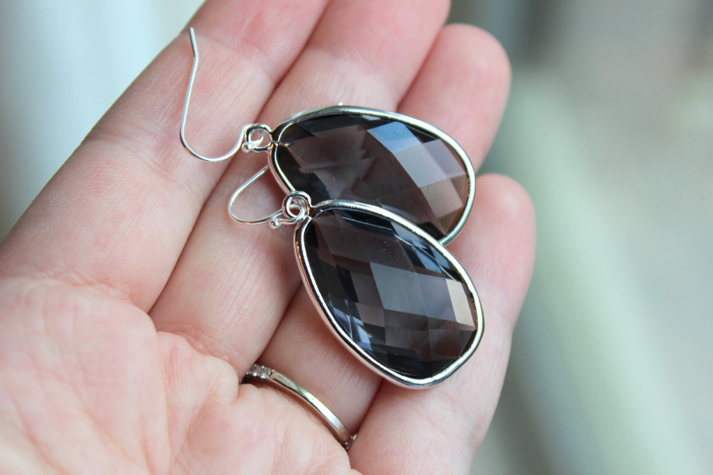 Large Charcoal Gray Earrings Silver Slate Gray Jewelry - Gray Wedding Jewelry - Silver Grey Bridal Jewelry Pewter Bridesmaid Gift Under 35