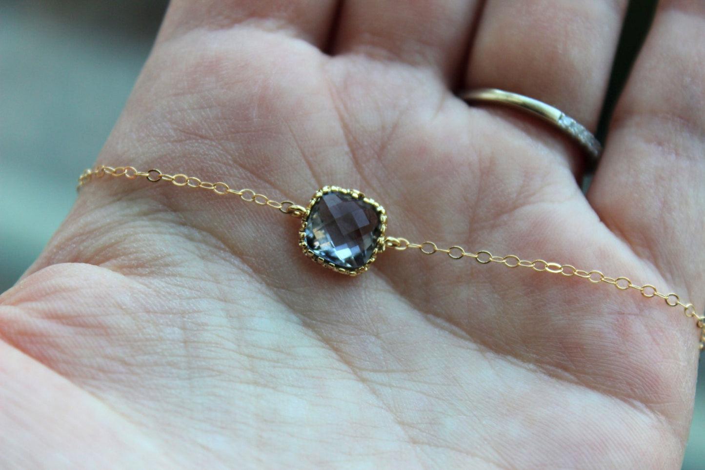 Dainty Charcoal Gray Necklace Gold Filled Chain - Charm Necklace Grey Gray Bridesmaid Necklace - Gold Charcoal Wedding Jewelry Gift under 25