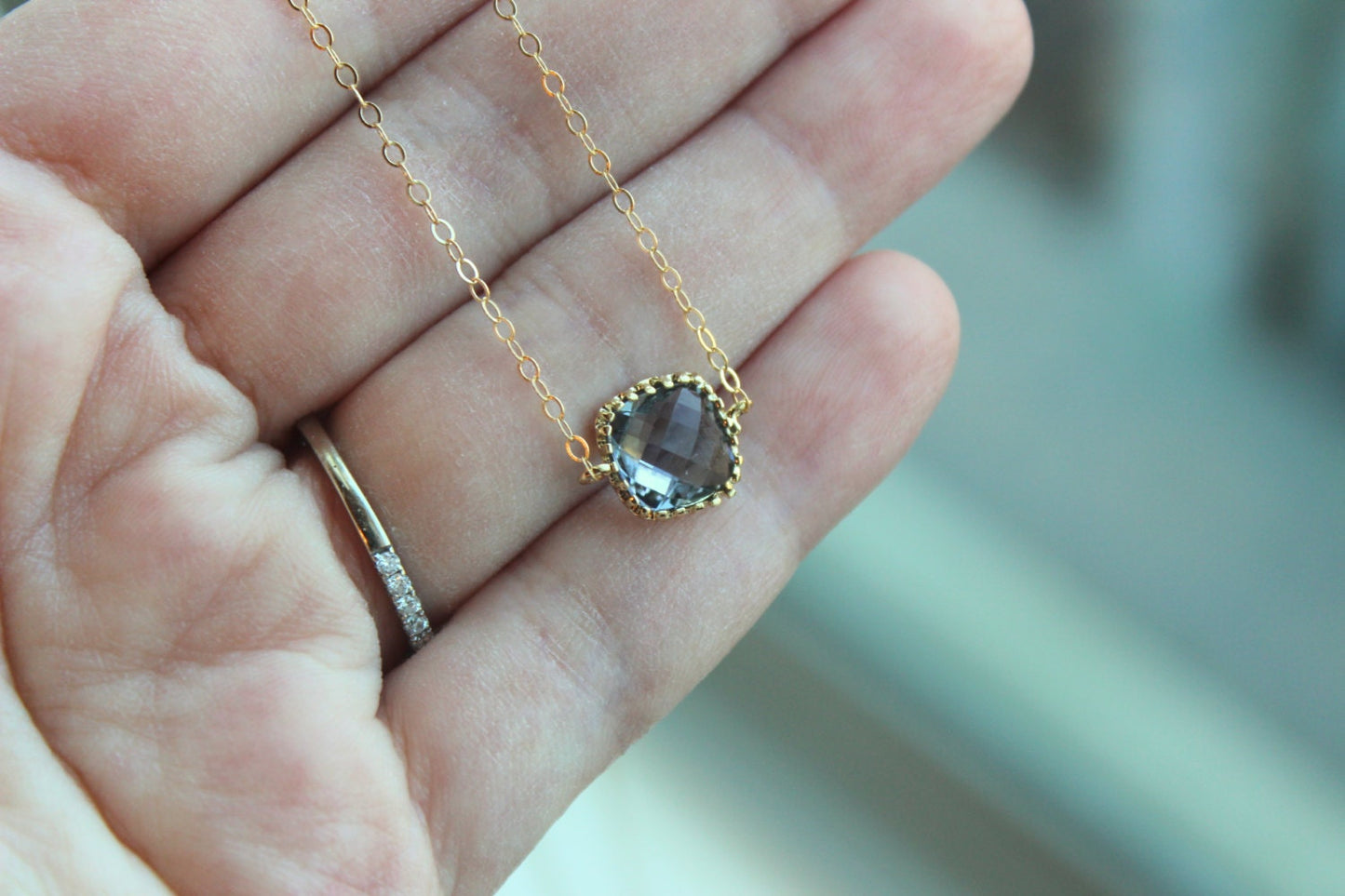Dainty Charcoal Gray Necklace Gold Filled Chain - Charm Necklace Grey Gray Bridesmaid Necklace - Gold Charcoal Wedding Jewelry Gift under 25