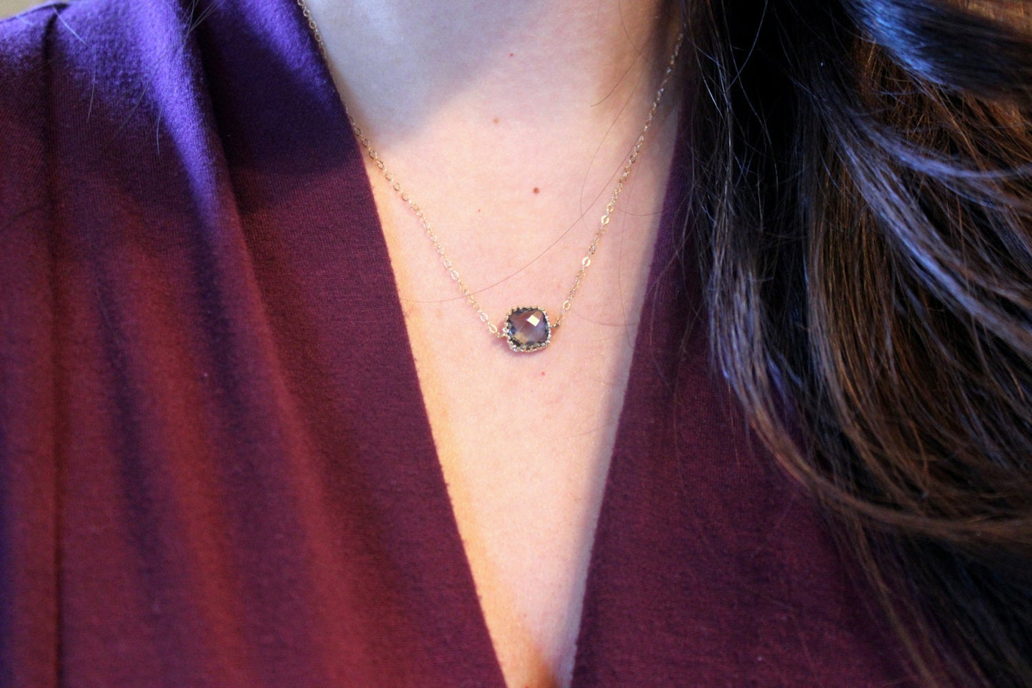 Dainty Charcoal Gray Necklace Gold Filled Chain - Charm Necklace Grey Gray Bridesmaid Necklace - Gold Charcoal Wedding Jewelry Gift under 25