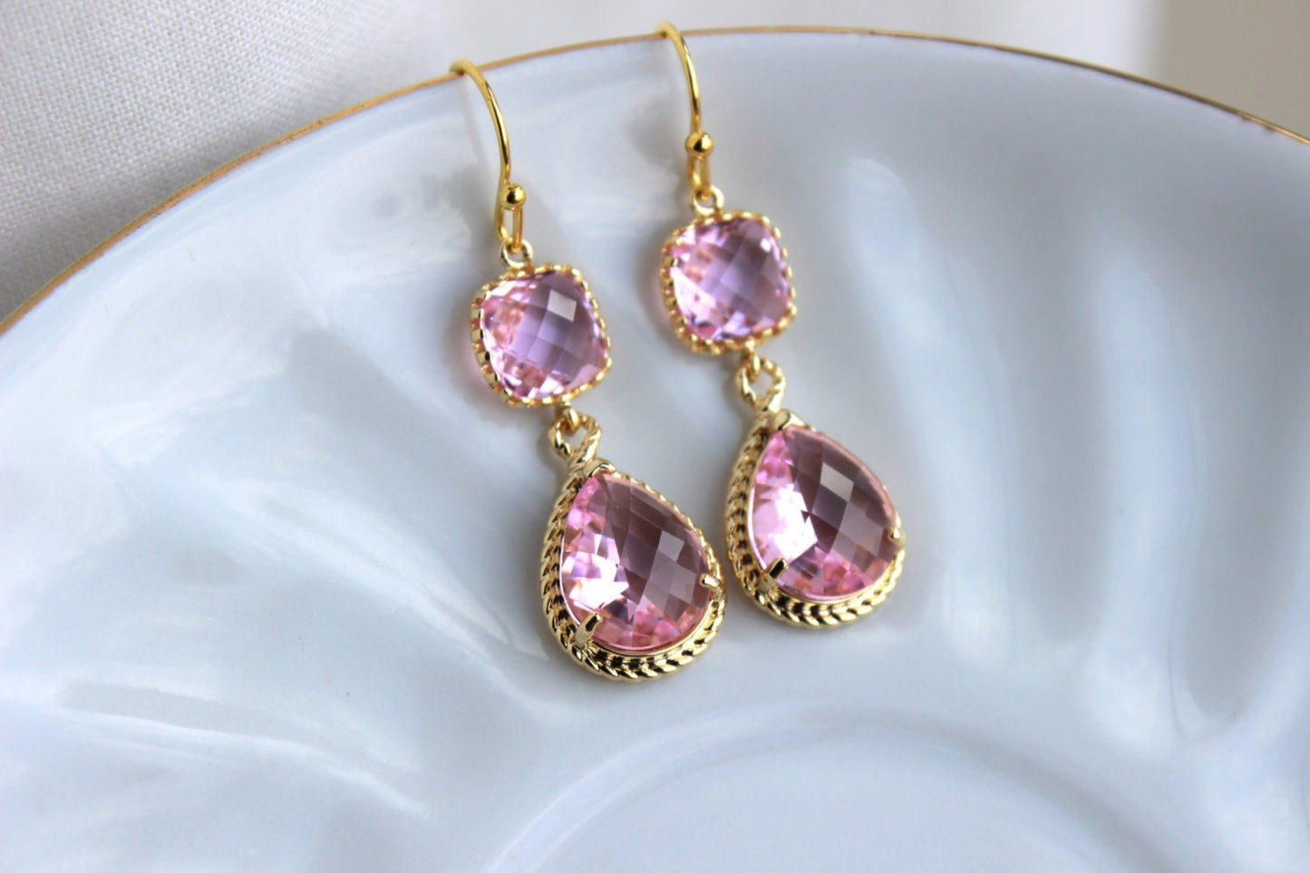 Gold Light Pink Earrings Blush Pink Jewelry Two Tier Teardrop - Blush Bridesmaid Earrings Pink Wedding Jewelry - Bridal Accessories