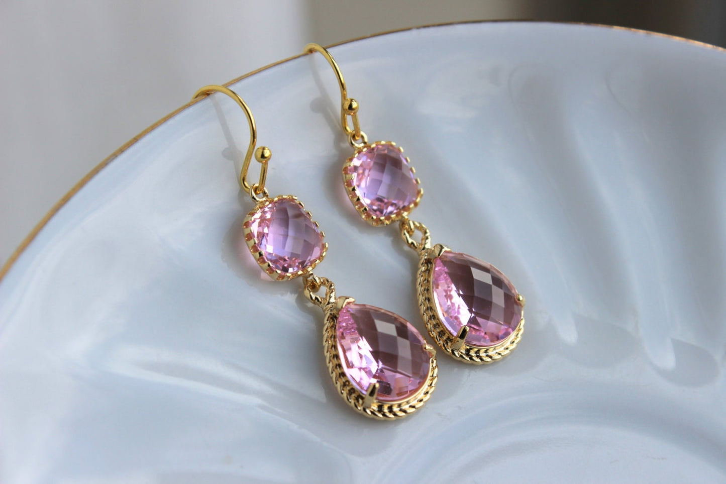 Gold Light Pink Earrings Blush Pink Jewelry Two Tier Teardrop - Blush Bridesmaid Earrings Pink Wedding Jewelry - Bridal Accessories