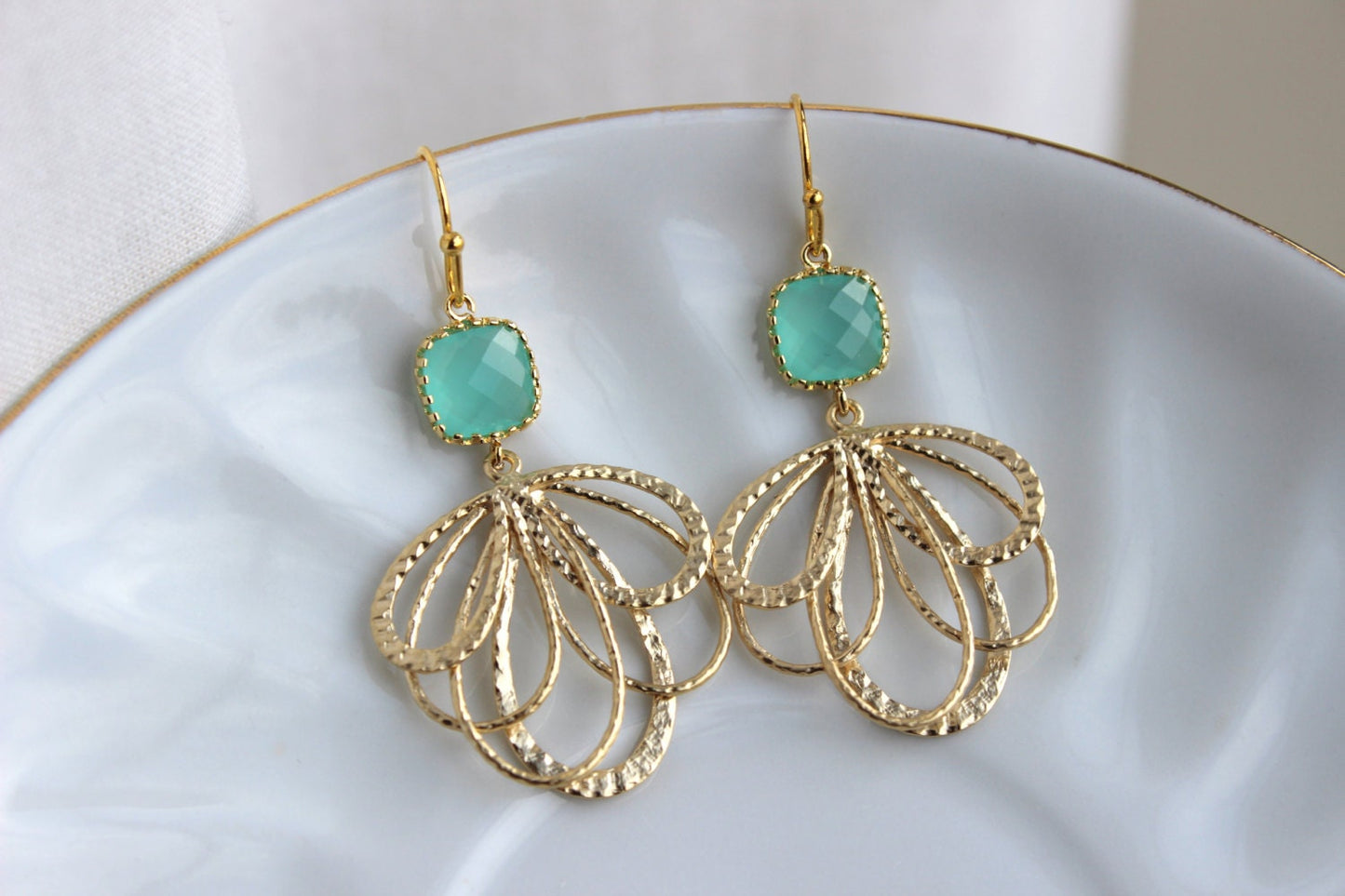 Gold Mint Feather Earrings Aqua Blue Jewelry - Mint Bridesmaid Earrings - Gold Bridal Earrings - Wedding Jewelry - Blue Minimalist Jewelry