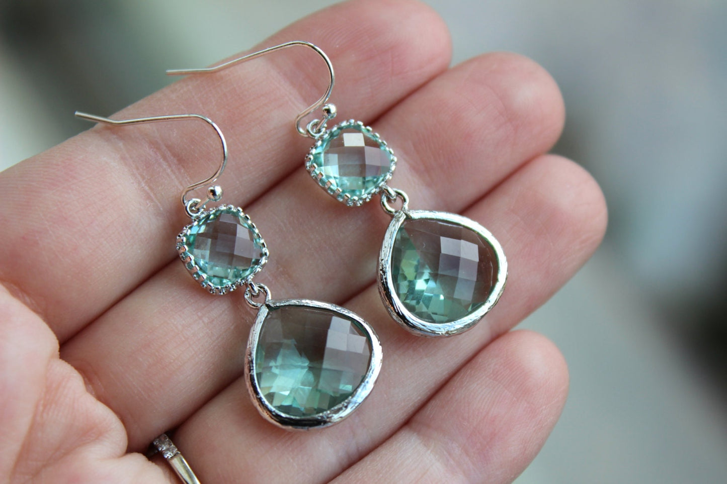 Silver Large Prasiolite Green Earrings Light Green Jewelry - Two Tiered Earrings Prasiolite Bridesmaid Jewelry Light Green Wedding Jewelry