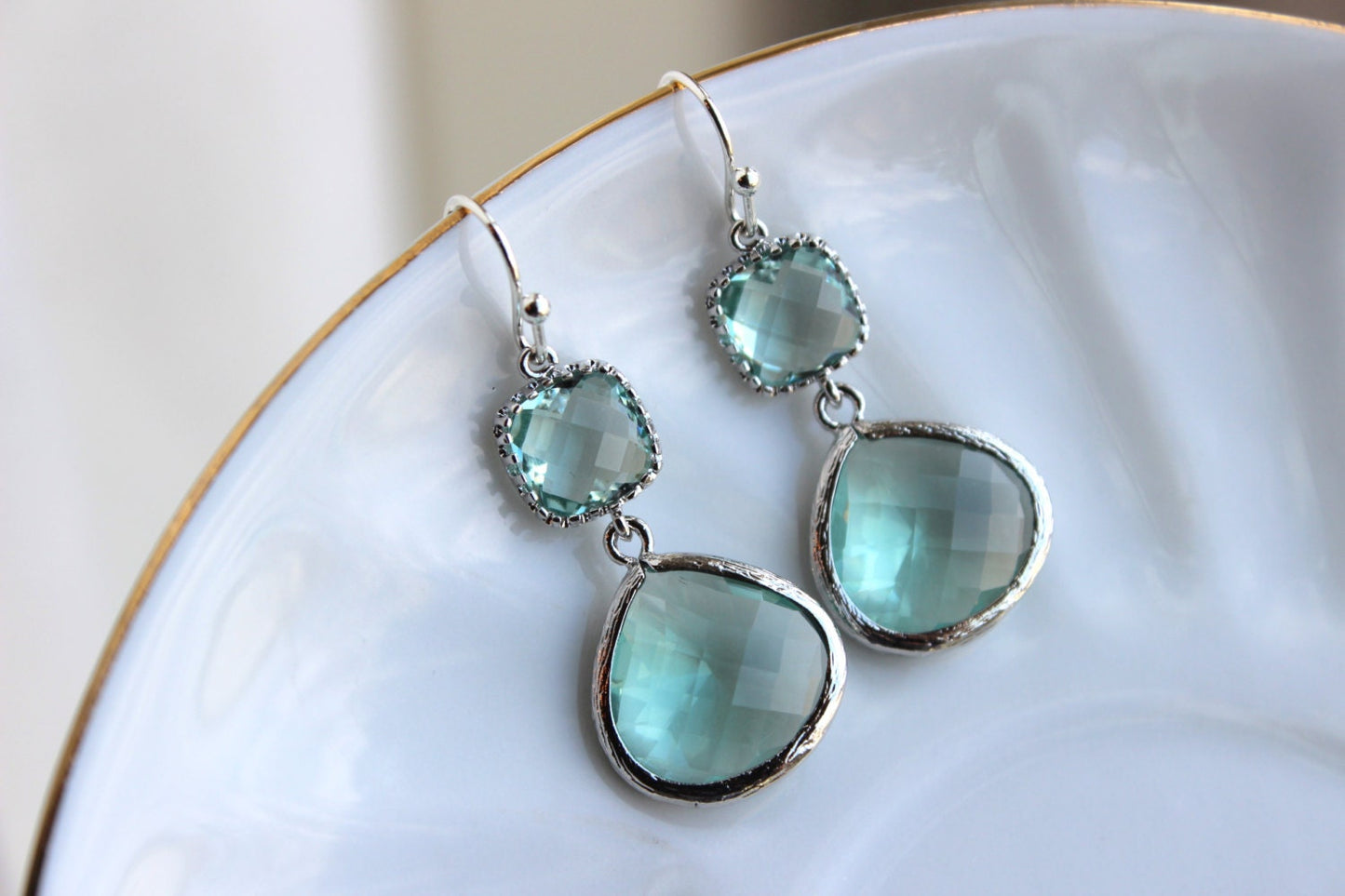 Silver Large Prasiolite Green Earrings Light Green Jewelry - Two Tiered Earrings Prasiolite Bridesmaid Jewelry Light Green Wedding Jewelry