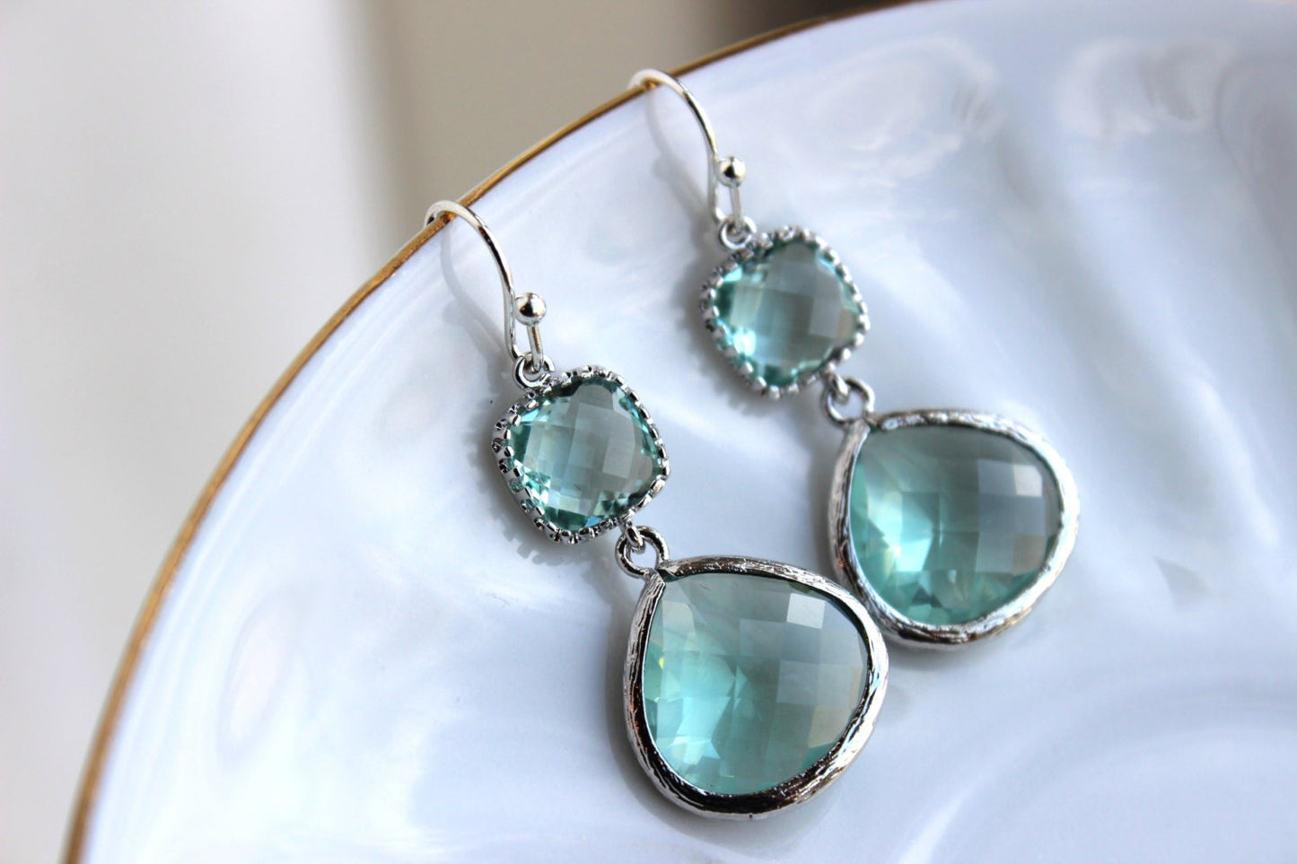 Silver Large Prasiolite Green Earrings Light Green Jewelry - Two Tiered Earrings Prasiolite Bridesmaid Jewelry Light Green Wedding Jewelry