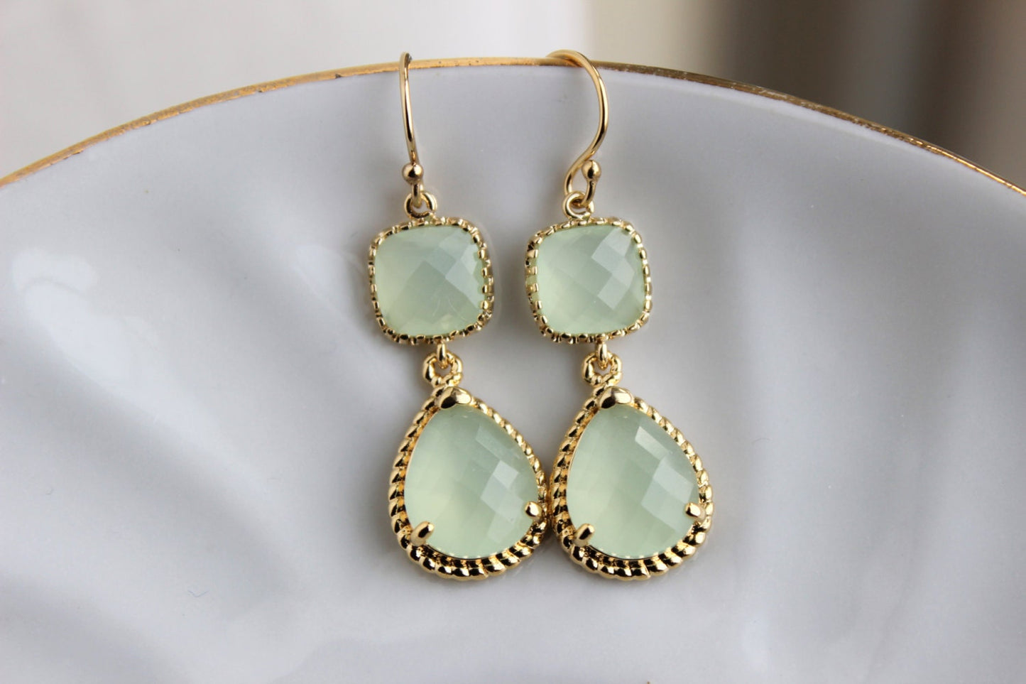 Gold Soft Mint Earrings Sea Foam Green Jewelry Teardrop Glass Two Tier - Soft Mint Bridesmaid Earrings - Gold Seafoam Green Wedding Jewelry