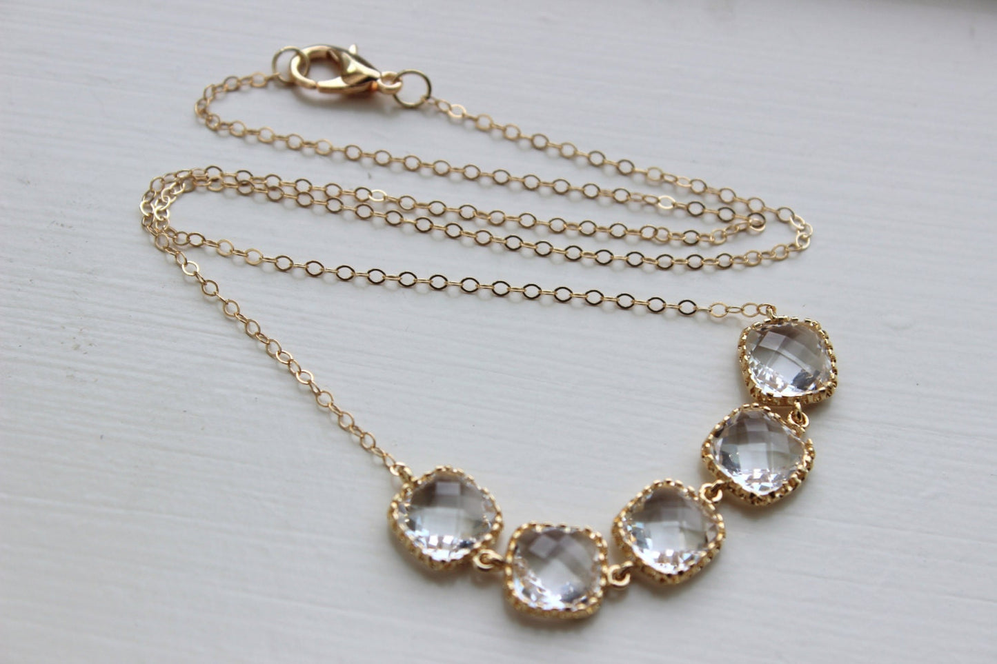 Gold Crystal Necklace Clear Jewelry Square Statement Necklace - Bridesmaid Gift - Crystal Bridal Jewelry Wedding Jewelry Bridesmaid Jewelry