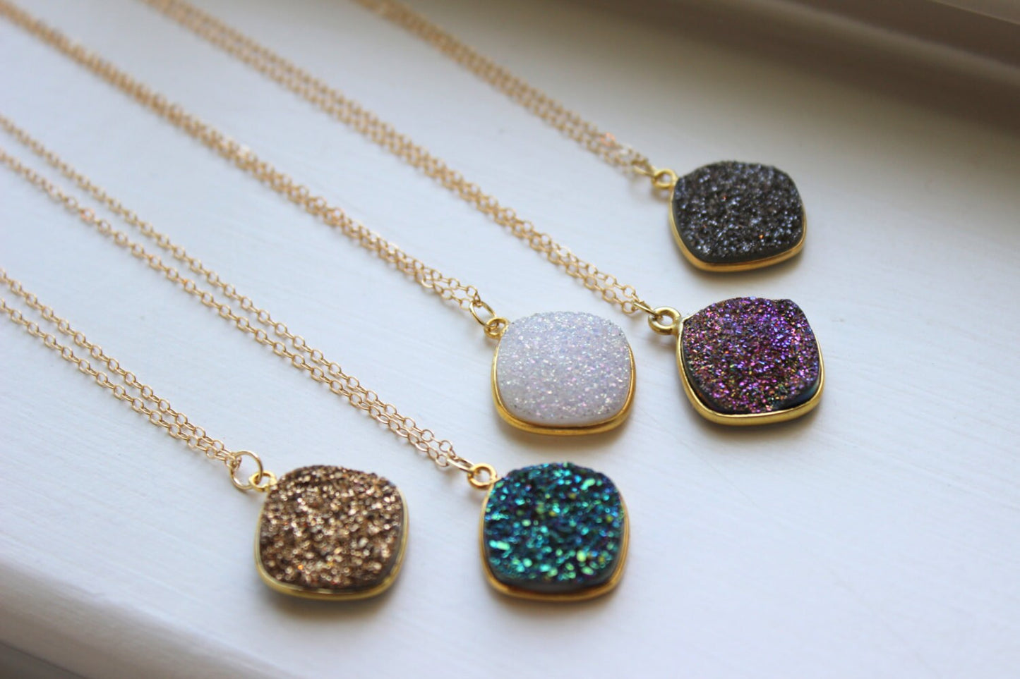 Gold Druzy Necklace Natural Druzy Jewelry - Drusy Necklace Jewelry - Green Purple White Gold Gray Druzy Layering Necklace Statement Jewelry