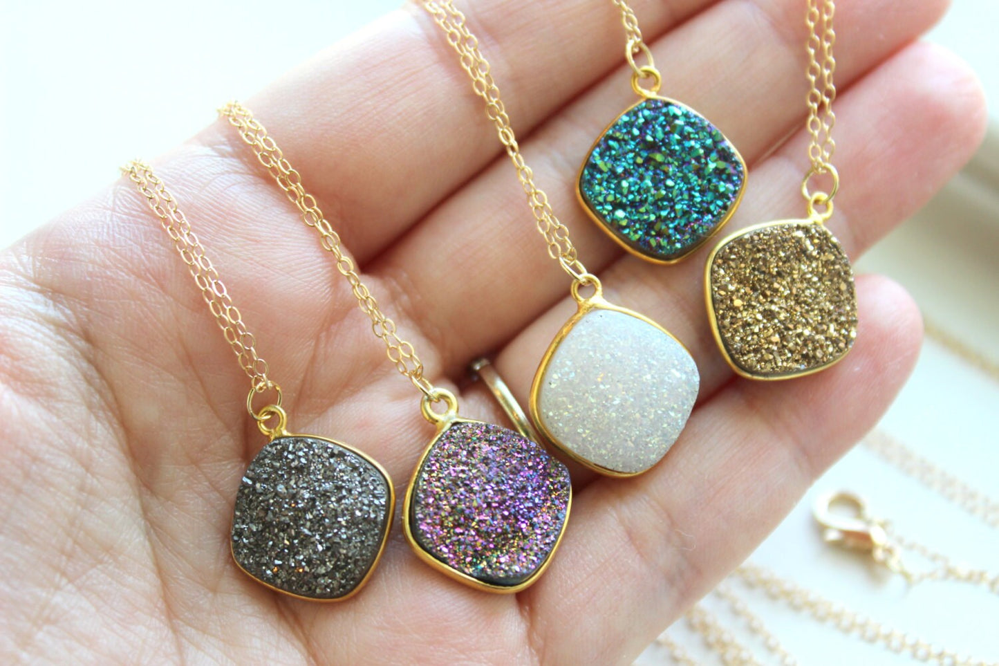 Gold Druzy Necklace Natural Druzy Jewelry - Drusy Necklace Jewelry - Green Purple White Gold Gray Druzy Layering Necklace Statement Jewelry