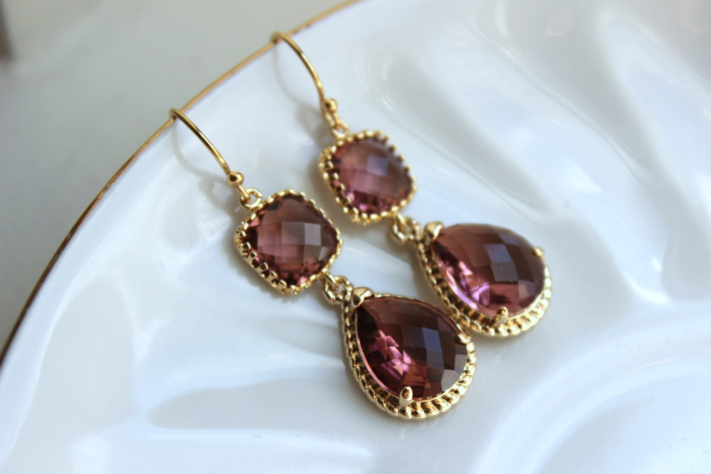 Gold Eggplant Earrings Gold Purple Earrings Two Tier Plum Bridesmaid Earrings Wedding Earrings Wedding Jewelry Plum Bridesmaid Jewelry